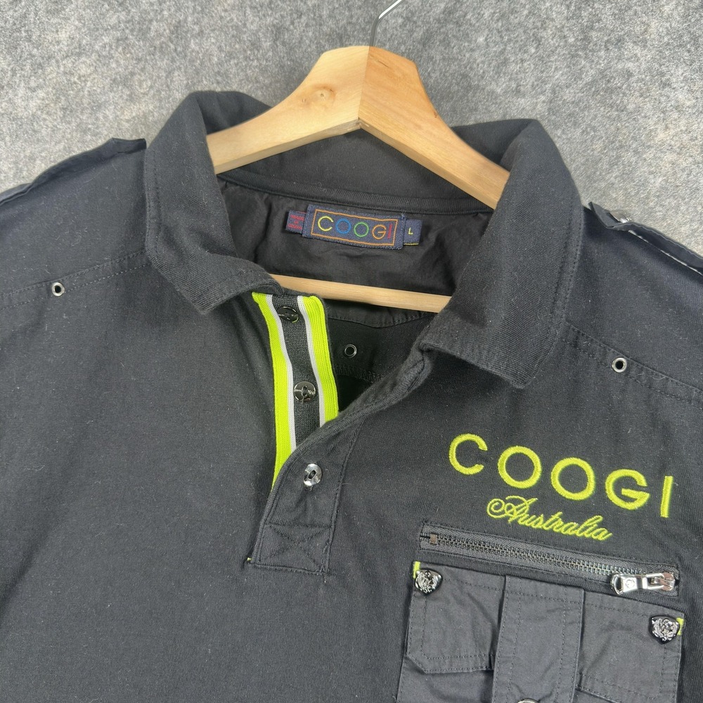 Coogi Polo Shirt Mens Large Black Australia Crest Pocket Embroidered Grommet